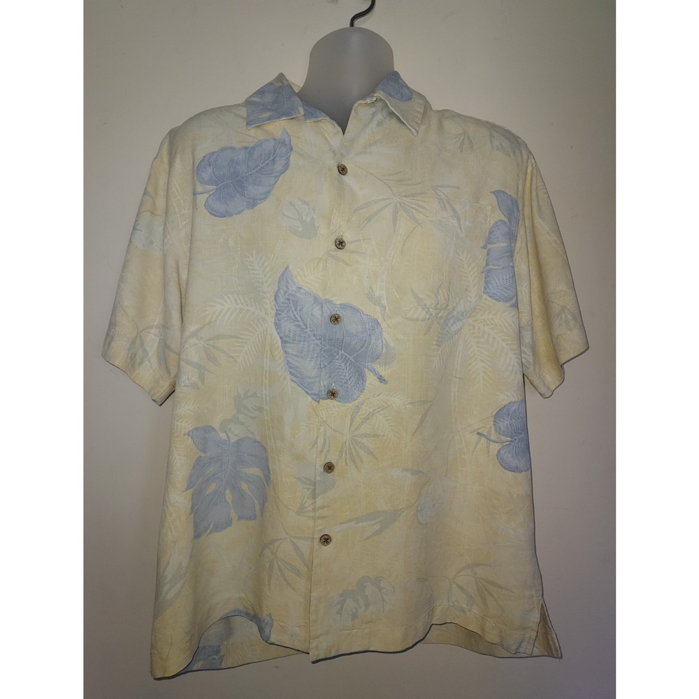 Caribbean Joe Silk Shirt Mens Medium Short Sleeve Button Down Yellow with Blue